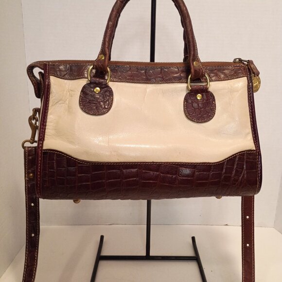 Vintage BRAHMIN Croc & Ivory Smooth Leather Zip-top 2-Way Crossbody Bag - Picture 3 of 15